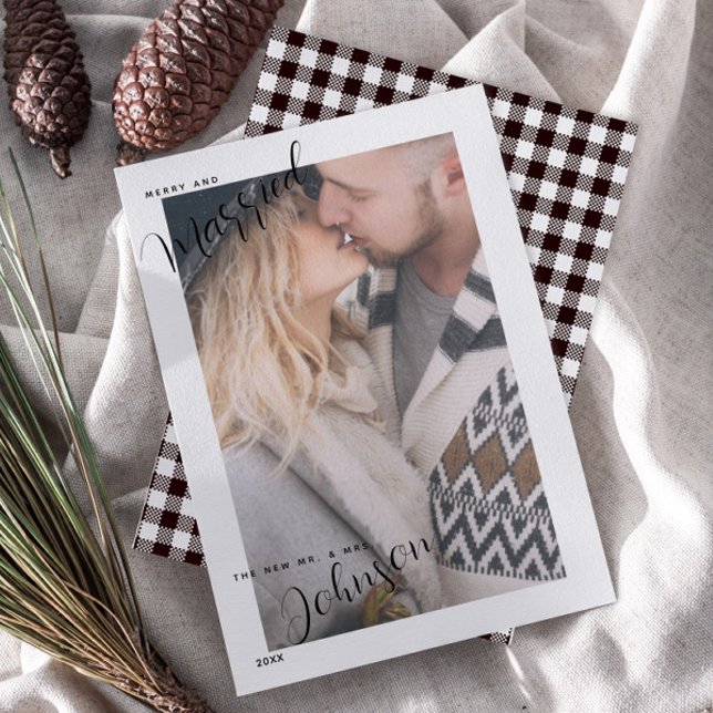 Black & White Plaid  Merry & Married Photo Holiday Card (Creator Uploaded)