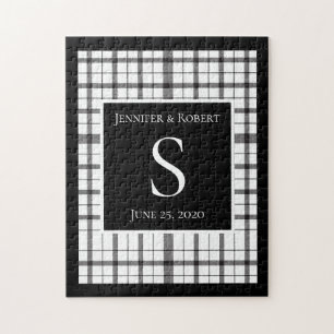 Black & White Plaid Monogram Wedding Jigsaw Puzzle
