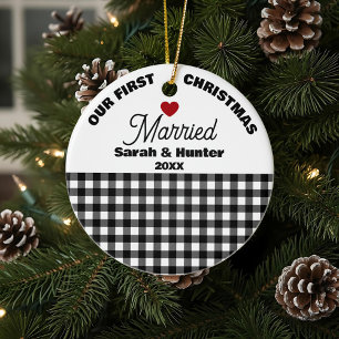 Black & White Plaid Our First Christmas Married Ceramic Ornament