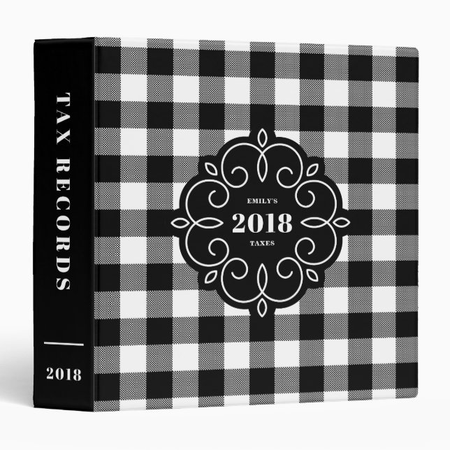 Black & White Plaid Pattern Personalized 2018 Tax Binder (Front/Spine)