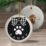 Black White Plaid Paw Print Pet Photo Wood Slice Ceramic Ornament<br><div class="desc">Add a rustic charm to your Christmas tree with our pet ornament featuring a rustic faux birch wood slice background decorated with a buffalo black and white bow and white paw print. Customize with your pet's name and year. The reverse side features a place to add your pet's photo. Designed...</div>