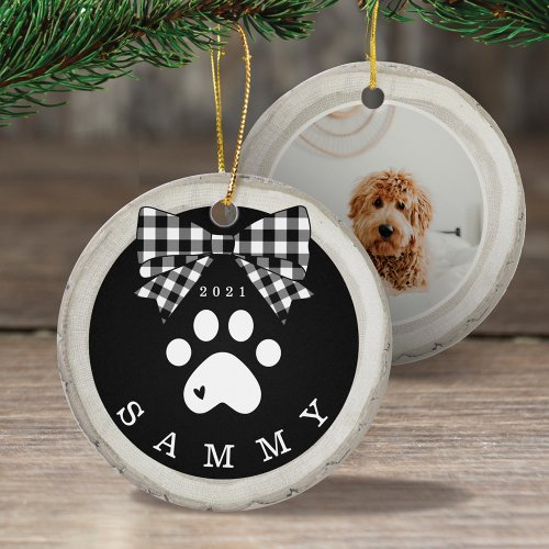 Black White Plaid Paw Print Pet Photo Wood Slice Ceramic Ornament