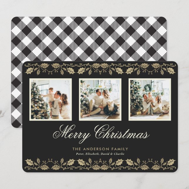 Black White Plaid Photo Merry Christmas Card (Front/Back)