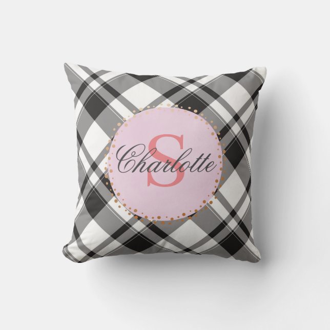 Black & White Plaid Pink Personalise Monogram Name Throw Pillow (Front)