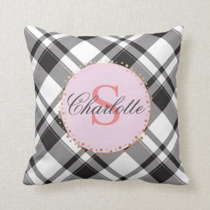 Black & White Plaid Pink Personalise Monogram Name Throw Pillow