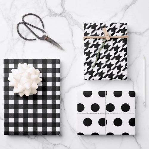 Black White Plaid Polka Dot Houndstooth Wrapping Paper Sheets