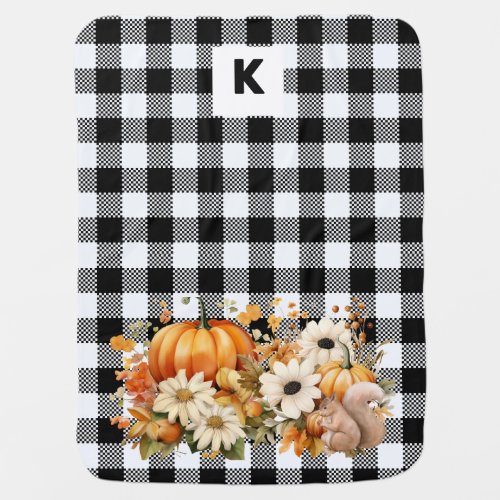 Black White Plaid Pumpkin Garden Monogram  Baby Blanket