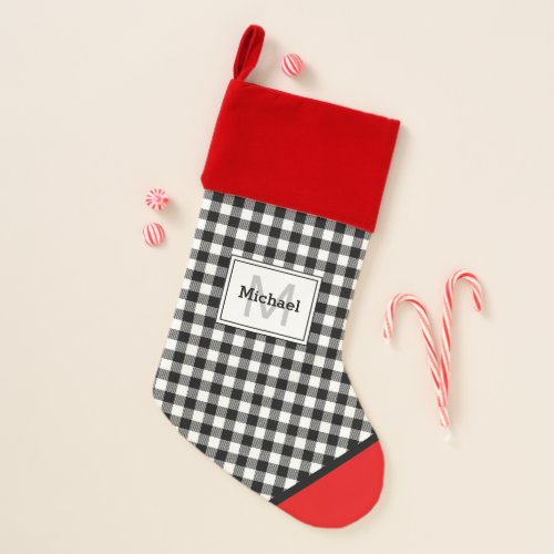 Black  White Plaid Red Trim Monogram Christmas Stocking