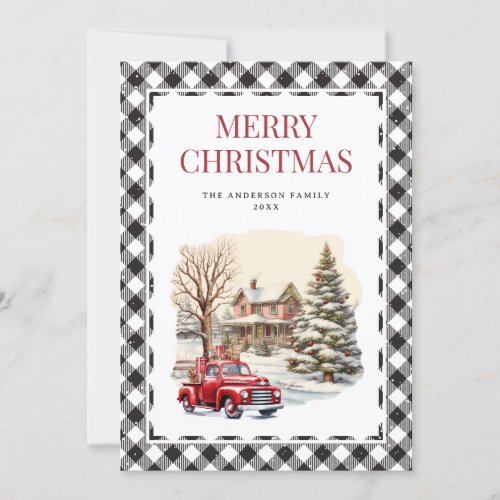Black White Plaid Red Truck Merry Christmas Card