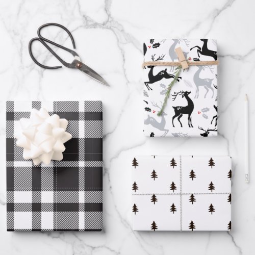 Black  White Plaid Reindeer  Christmas Trees Wrapping Paper Sheets