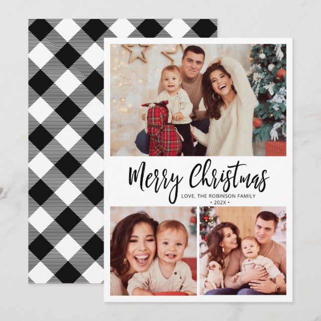 Black White Plaid Script 3 Multi Photo Christmas  Holiday Card (Front/Back)