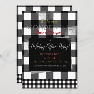 Black & White Plaid Simple Minimal Holiday Party Invitation