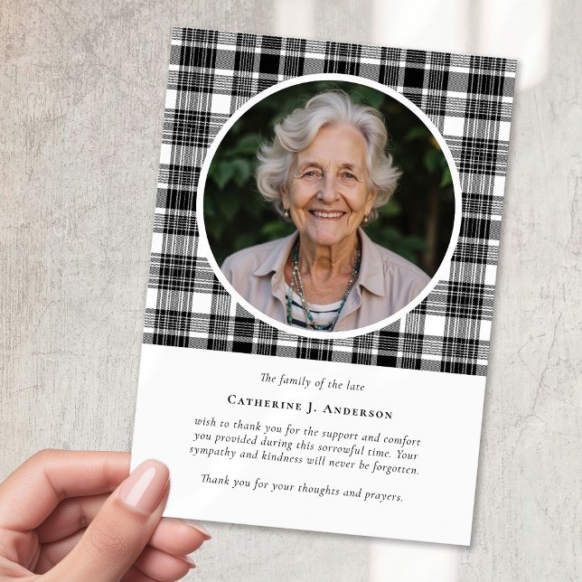 Black White Plaid Sympathy Photo Funeral Thank You Card (Creator Uploaded)