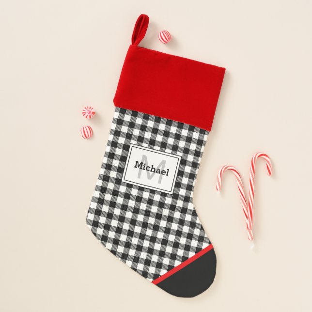 Black & White Plaid Toe Trim Monogram Christmas Stocking (Front)