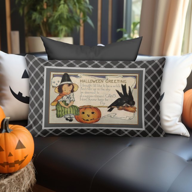 Black & White Plaid Vintage Halloween Greetings Lumbar Pillow (Black & White Plaid Vintage Halloween Greetings Lumbar Pillow)