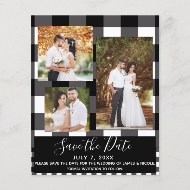 Black White Plaid Wedding Photo Save the Date (Front)