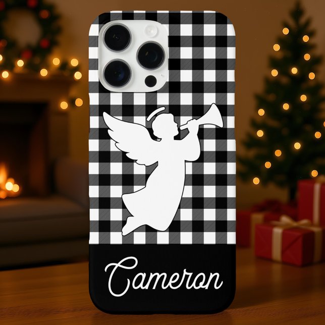 Black & White Plaid with Angel Custom Name Case-Mate iPhone Case (Creator Uploaded)