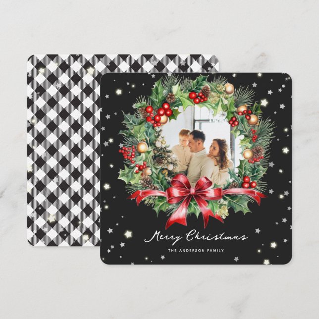 Black White Plaid Wreath Photo Merry Christmas Holiday Card (Front/Back)