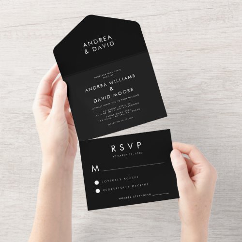 Black White Plain Simple Minimalist RSVP Wedding  All In One Invitation