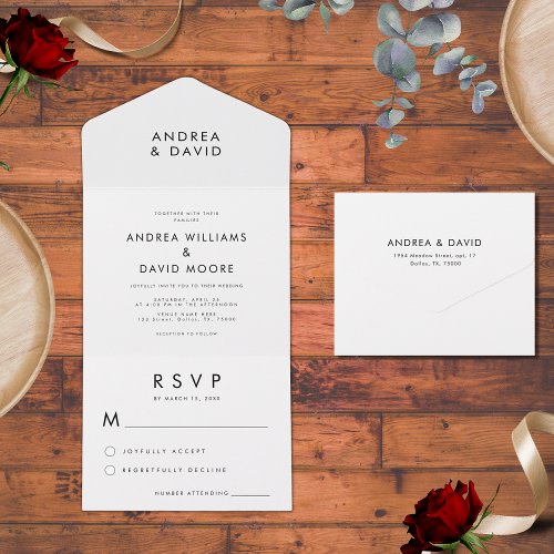 Black White Plain Simple Minimalist RSVP Wedding All In One Invitation