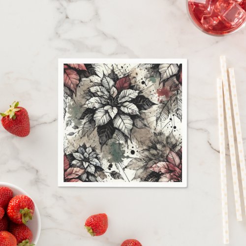 Black &amp; White Poinsettia Grunge Art Decoupage Napkins