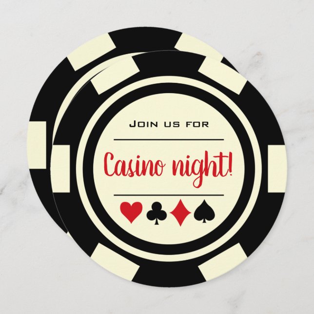 Black White Poker Chip Casino Night Invitation (Front/Back)