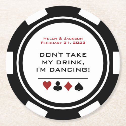 Black White Poker Chip Dancing Leave Drink Wedding Round Paper Coaster