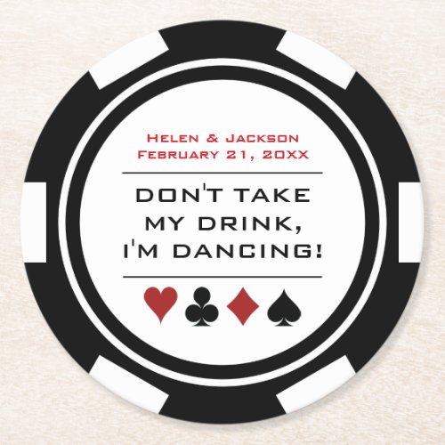 Black White Poker Chip Dancing Leave Drink Wedding Round Paper Coaster