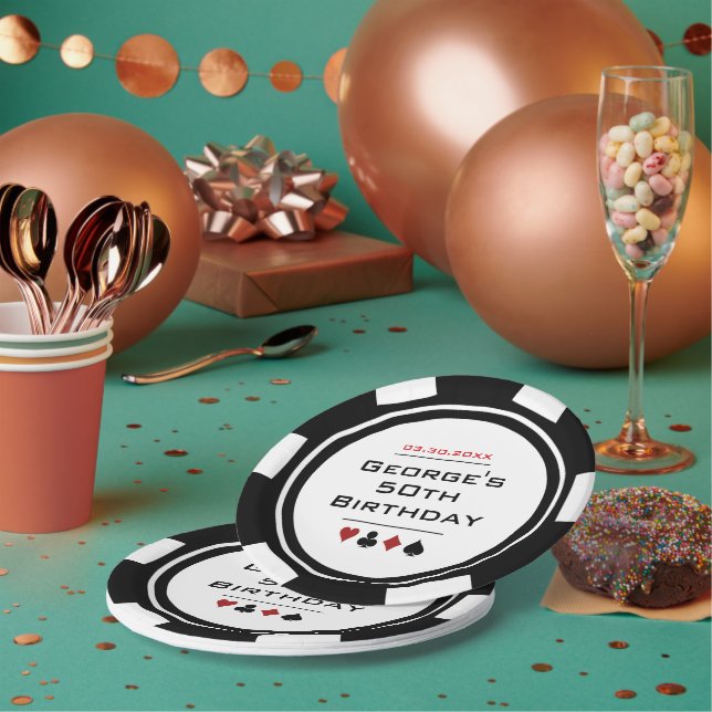 Black White Poker Chip Las Vegas Casino Birthday Paper Plates (Multi)