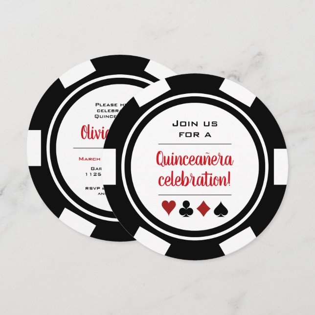 Black White Poker Chip Las Vegas Style Quinceañera Invitation (Front/Back)