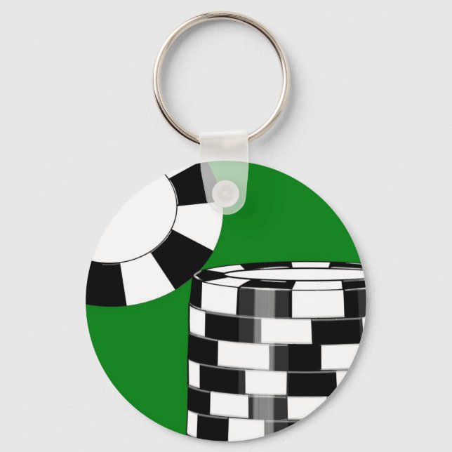 Black white poker chips on green keychain (Front)