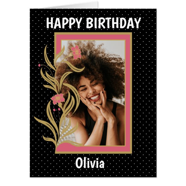 Black White Polka Dot Border Custom Photo Birthday Card (Front)