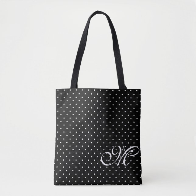 Black & White Polka Dot Monogram Tote Bag (Front)