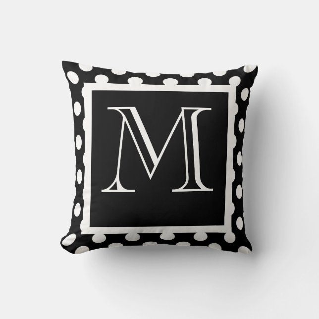 Black & White Polka Dot Monogrammed Pillow (Front)