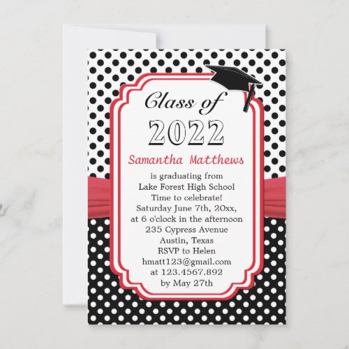 Black White Polka Dot Mortar Red Ribbon Graduation Invitation