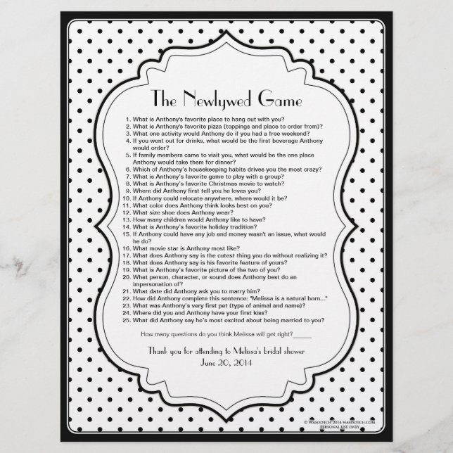 Black White Polka Dot Newlywed Bridal Shower Game (Front)