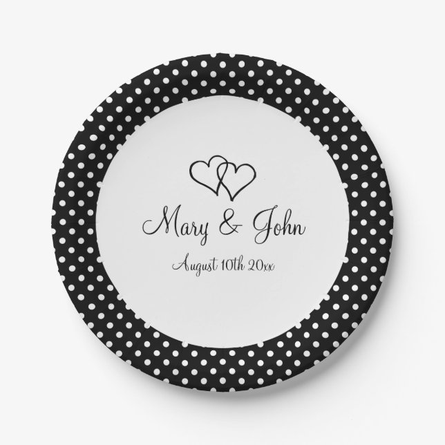 Black & white polka dot paper wedding party plates (Front)