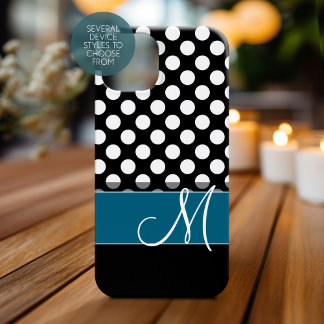 Black White Polka Dot Pattern Blue Monogram Case-Mate iPhone 14 Pro Case