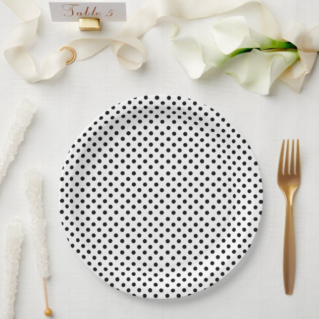 Black White Polka Dot Pattern Paper Plates (Wedding)