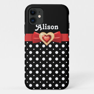 Black white polka dot pattern & red bow and jewel iPhone 11 case