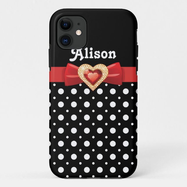 Black white polka dot pattern & red bow and jewel Case-Mate iPhone case (Back)