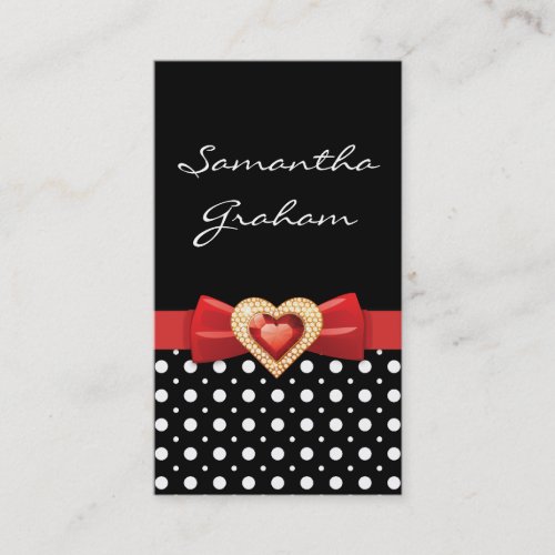 Black white polka dot pattern with red bow  jewel business card