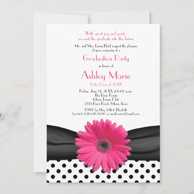 Black White Polka Dot Pink Daisy Graduation Invitation (Front)