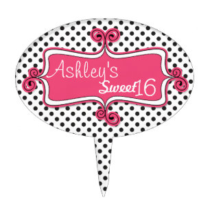 Black White Polka Dot Pink Swirly Tag Cake Top Cake Topper