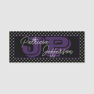 Black White Polka Dot Purple Monogram Name Tag