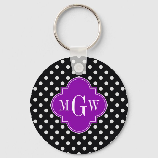 Black White Polka Dot Purple Quatrefoil 3 Monogram Keychain (Front)