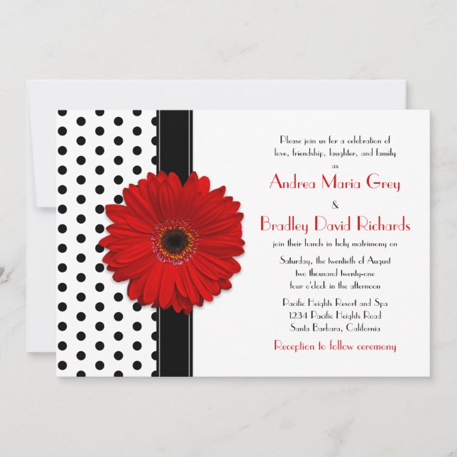 Black White Polka Dot Red Daisy Wedding Invitation (Front)