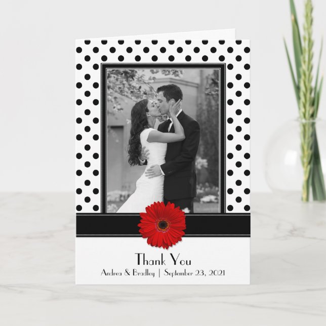 Black White Polka Dot Red Daisy Wedding Thank You (Front)