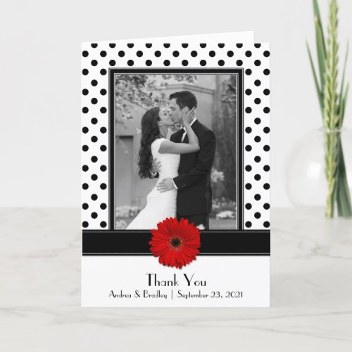 Black White Polka Dot Red Daisy Wedding Thank You