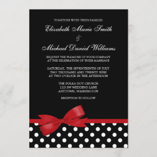 Black White Polka Dot Red Faux Bow Wedding Invitation